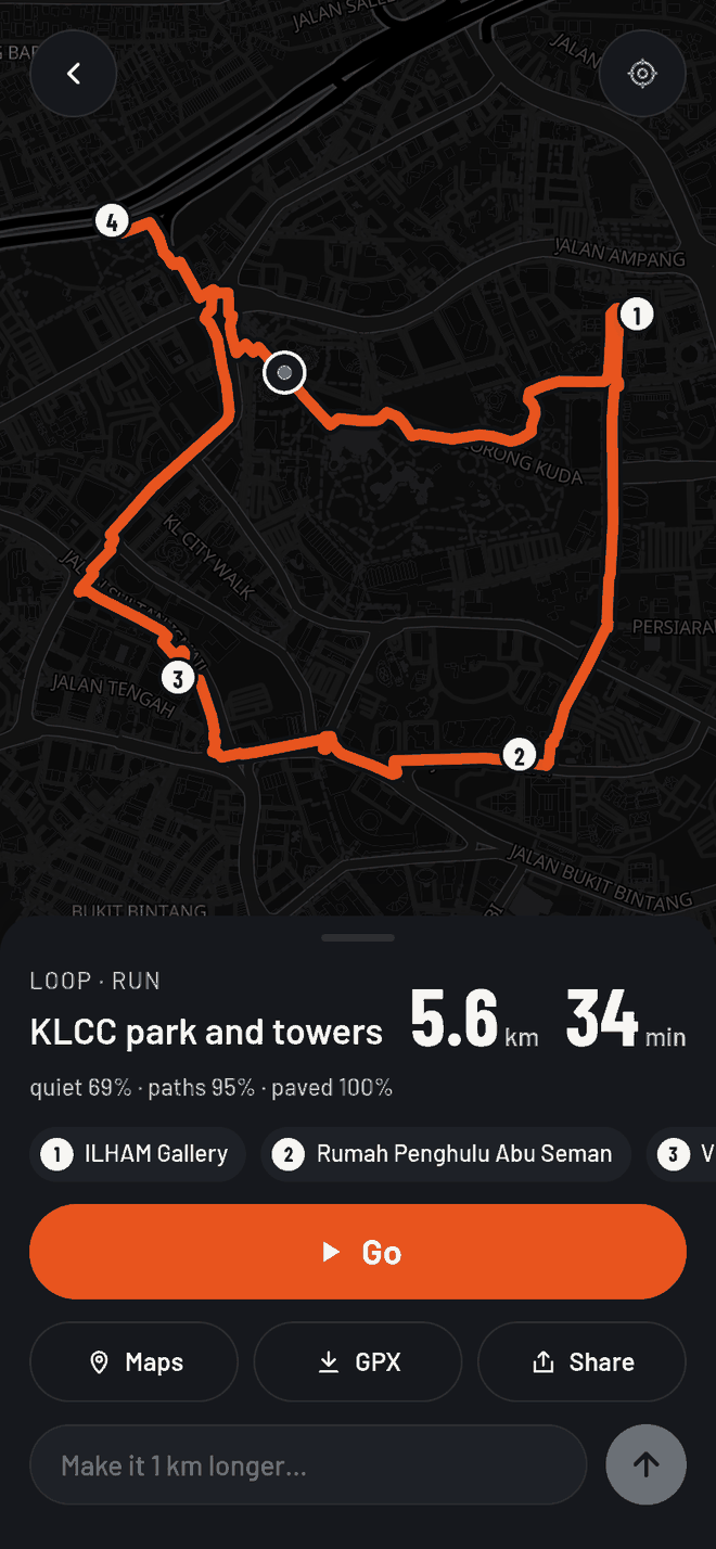 rmap showing a 5.6 km route around KLCC with numbered checkpoints and a Go button
